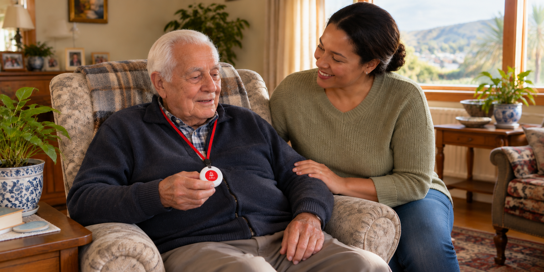 An elderly man at home holding the wireless call button he wears on a red lanyard while his caregiver kneels beside his armchair
